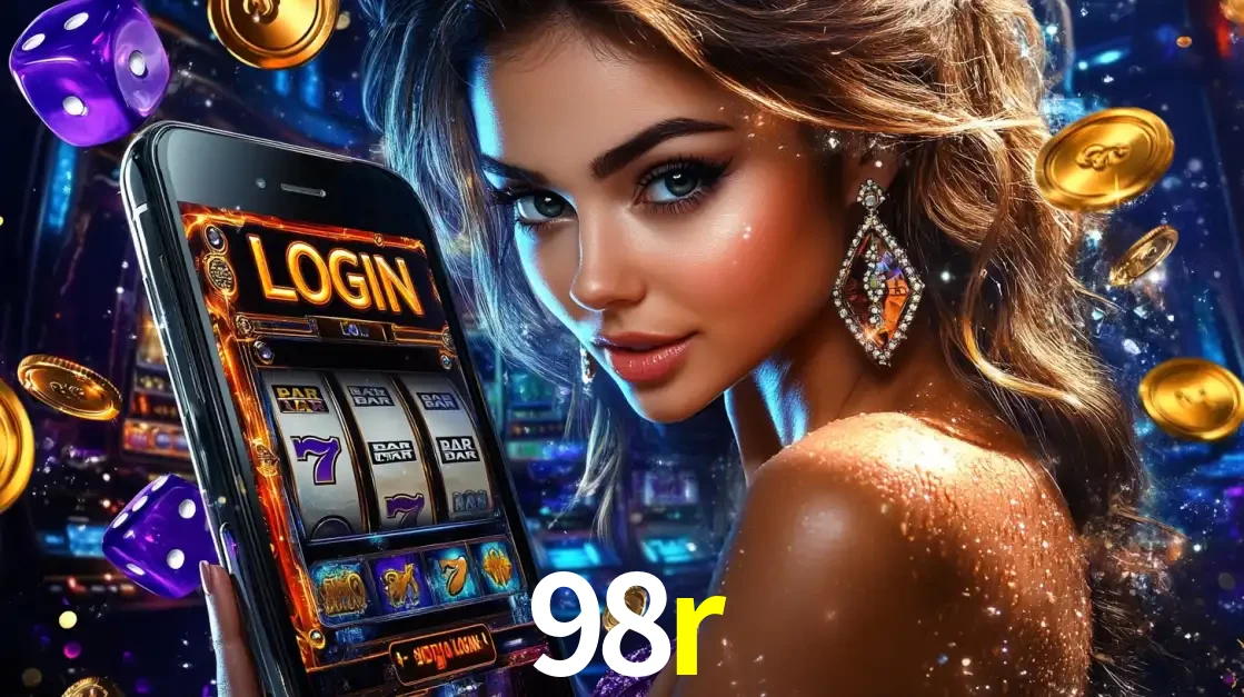 Mulher glamorosa segurando um smartphone com a tela de login para os jogos de caça-níqueis do cassino online 98r, com moedas de ouro e dados ao redor.