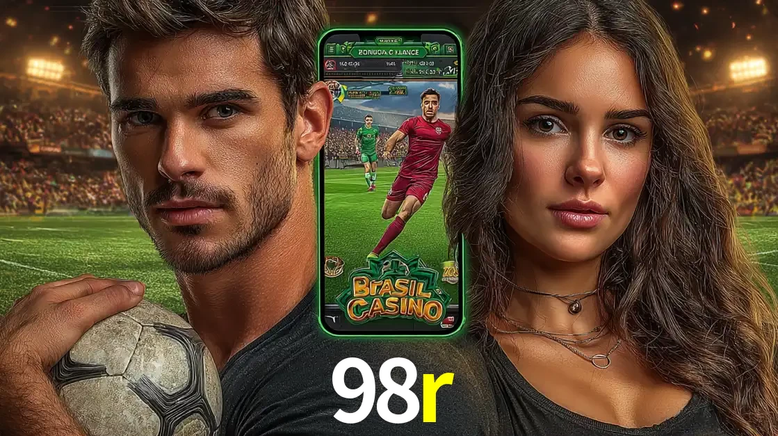 Homem segurando uma bola de futebol e uma mulher ao lado de um smartphone exibindo o jogo de apostas esportivas da 98r. Faça seu palpite no cassino online.